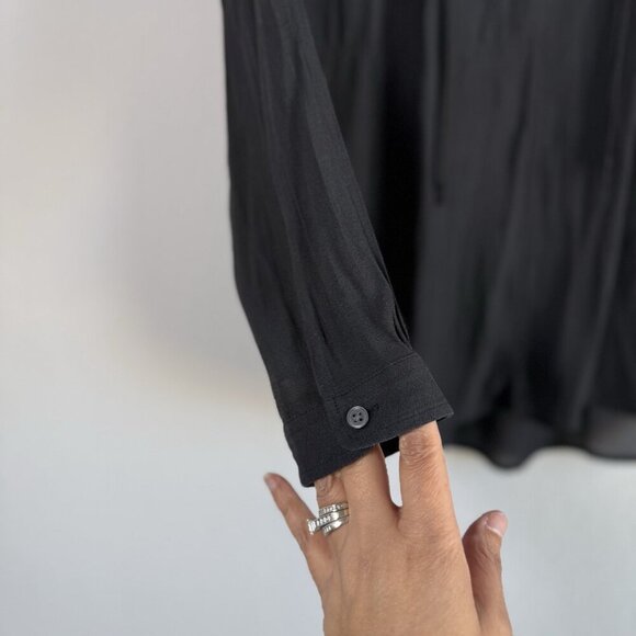 Loft Women's Small‎ Sheer Long Sleeve Smocked Tie Neck Blouse Black Casual - Picture 10 of 14